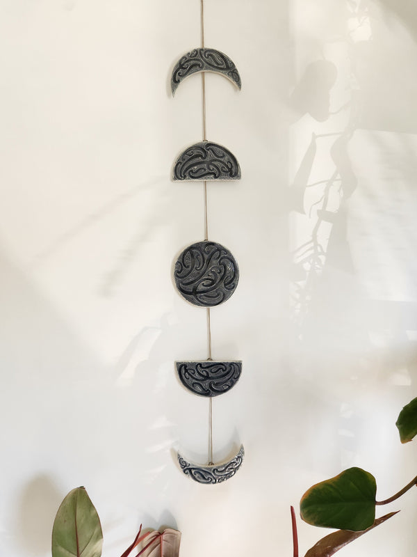Ngā mata o te marama- Ceramic moon phases: Black on White