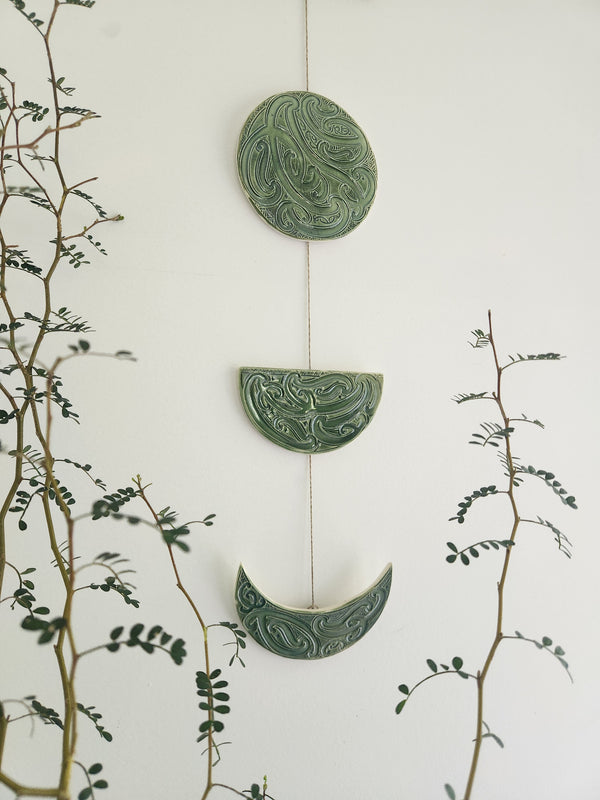 Ngā mata o te marama- Ceramic moon phases: Forest Green